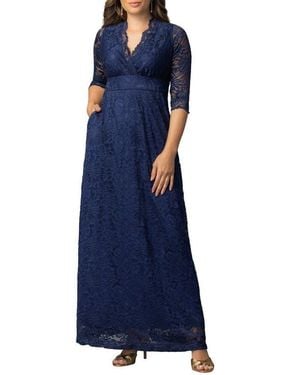 Kiyonna Maria Lace A-Line Evening Gown With Pockets - Blue