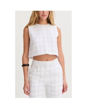 Crescent Windowpane Semi Cropped Linen Top - White