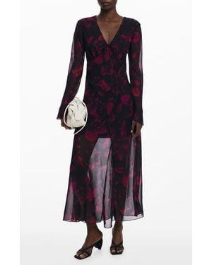 Desigual Floral Long Sleeve Mesh Maxi Dress - Blue