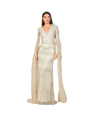LARA New York V-Neck Gown With Long Cape Sleeves And Feathers - Natural