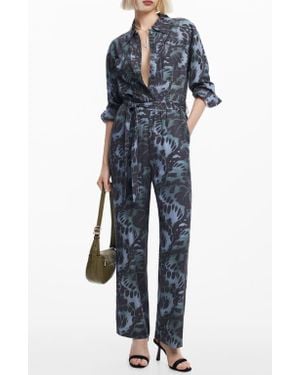 Desigual Sena Tie Waist Long Sleeve Jumpsuit - Blue