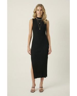 Modenaire Sleeveless Ribbed Knit Midi Dress With Side Slit And High Neckline - Black