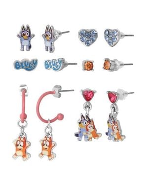 Bluey Earrings Set 6 Pairs Official License, Fashion Studs, Hoops, And And Bingo Dangle Charm Earrings With Crystals - White