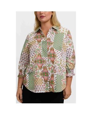 Foxcroft Olivia Patchwork Print Smocked Cuff Cotton Button-Up Shirt - Brown