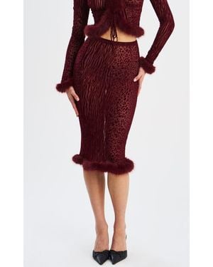 Miss Circle Haliia Burnout Velvet Faux Fur Trim Skirt - Red
