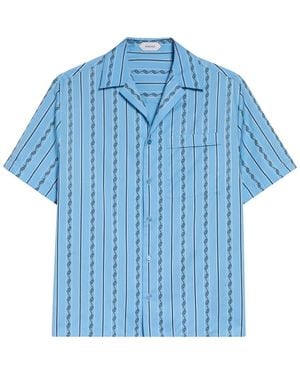Versace Stripe Greca Jacquard Short Sleeve Button-Up Shirt - Blue