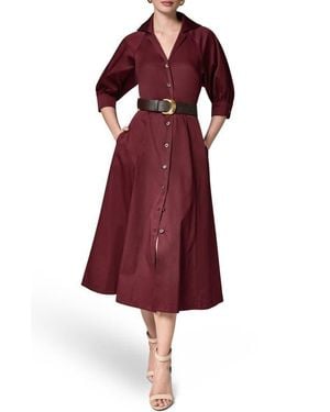 Donna Karan Belted Stretch Cotton Midi Shirtdress - Red