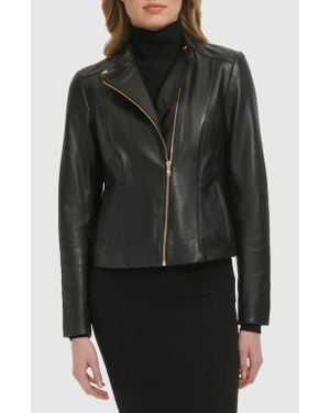 Cole Haan Band Collar Leather Moto Jacket - Black
