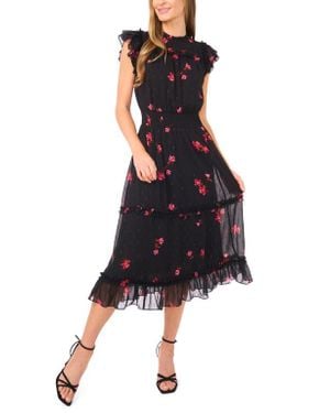 Cece Floral Flutter Sleeve Smocked Midi Dress - Black