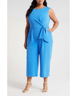 Tahari Side Tie Scuba Crepe Crop Wide Leg Jumpsuit - Blue