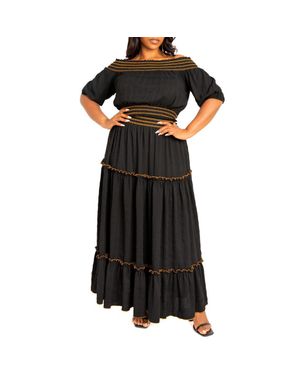 Buxom Couture Smocked Off The Shoulder Puff Sleeve Top & Maxi Skirt Set - Black