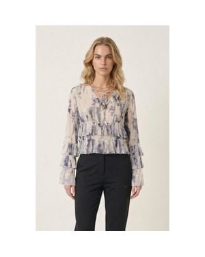 Modenaire Ruffle Blouse With Tie Neck Detail - Gray