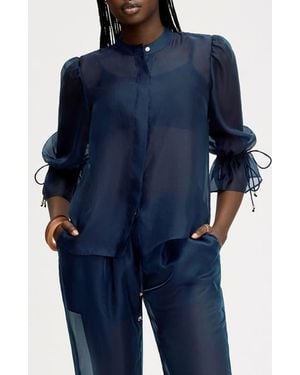 Sam Edelman Semi Sheer Button-Up Tie Cuff Top - Blue