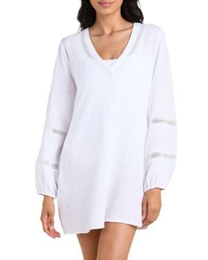 La Blanca Seaside Lace Inset Long Sleeve Cotton Cover-Up Dress - White