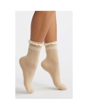 Stems Pointelle Knit Stripe Quarter Socks - Natural