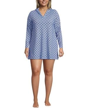 Lands' End Plus Size Sunshade Upf 50 Hooded Mini Swim Swim Cover-Up Dress - Blue