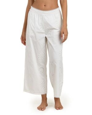 La Blanca Bayside Embroidered Wide Leg Stretch Cotton Ankle Cover-Up Pants - White