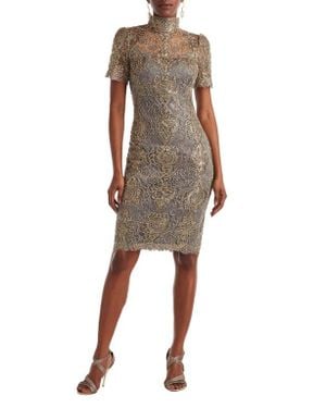 Tadashi Shoji Metallic Embroidered Illusion Neck Cocktail Dress - Natural