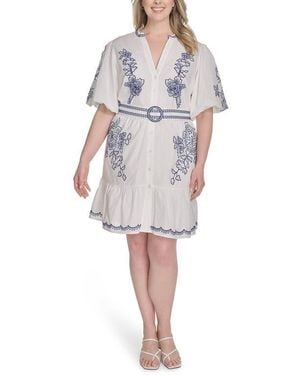Eliza J Embroidered Detail Short Sleeve Cotton Shirtdress - Multicolor