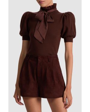 Alice + Olivia Chase Ruffle Tie Neck Stretch Wool Sweater - Brown