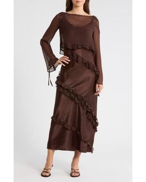 Damson Madder Carmen Ruffle Long Sleeve Satin Midi Dress - Brown