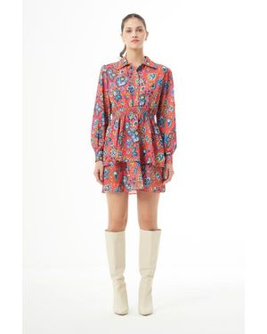 Mizalle Long Sleeve Flowy Mini Dress - Red