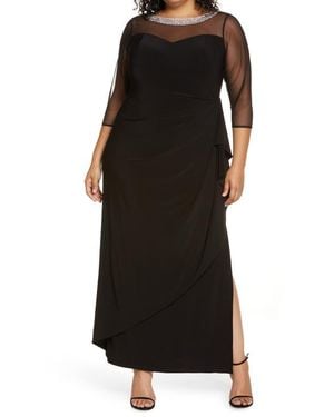 Alex Evenings Illusion Sleeve Side Ruched Gown - Black