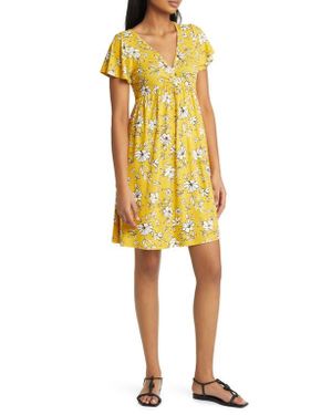 Loveappella Floral Tie Back Surplice V-Neck Knit Minidress - Yellow