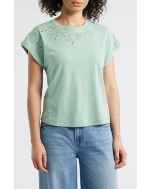 Wit & Wisdom Embroidered Eyelet Cap Sleeve T-Shirt - Green