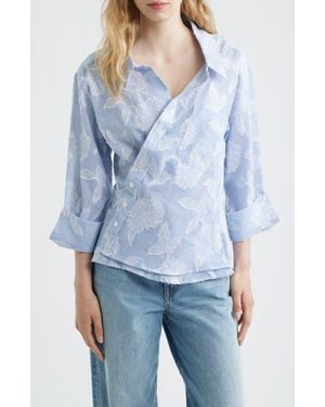 CISSA Floral Appliqué Stripe Cotton Blend Wrap Shirt - Blue