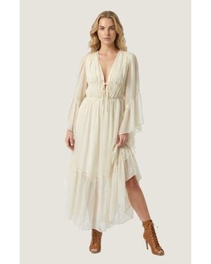 Modenaire Plunging Neck Tie Waist Ruffle Sleeve Maxi Dress - Natural