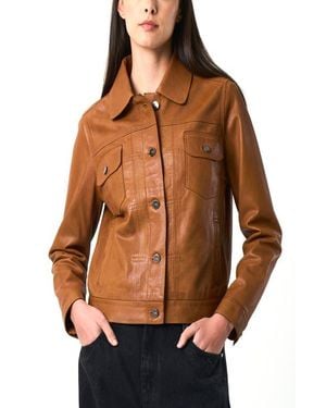 Velez Kalahari Genuine Leather Semi-Fitted Silhouette Trucker Jacket - Brown