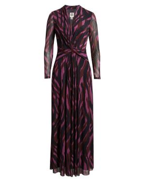 Anne Klein Abstract Print Twist Front Long Sleeve Mesh Maxi Dress - Purple
