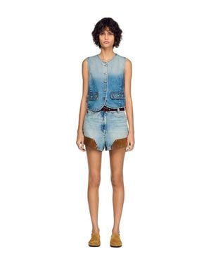 Sandro Cropped Studded Denim Vest - Blue