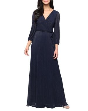 Alex Evenings Metallic Micro Pleated Mesh Gown - Blue