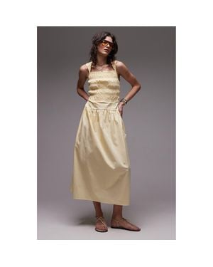 TOPSHOP Smocked Cotton Poplin Midi Sundress - Brown