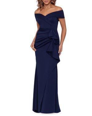 Xscape Evenings Off The Shoulder Ruffle Scuba Crepe Gown - Blue