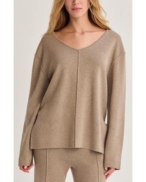 Crescent V-Neck Lounge Sweater Knit Top - Natural