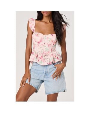 Astr Baylin Floral Eyelet Lace-Up Back Peplum Top - Orange