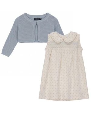 Space Grey Printed Gauze Ruffle Shoulder Dress With Knit Cardigan Set - White