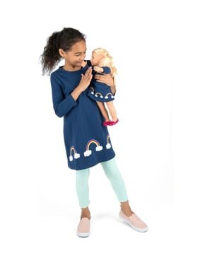Leveret Girls Cotton Dress With Matching Doll Dress, Printed Design - Blue