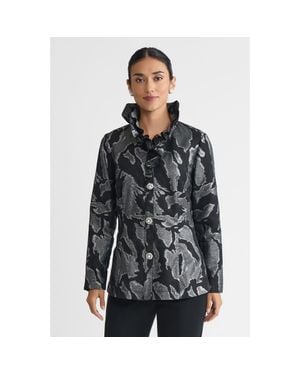 Ming Wang Tailored Shimmer Ruffle Neck Woven Jacquard Jacket - Black