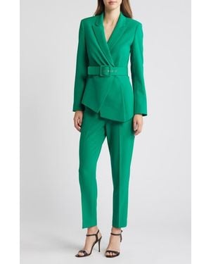 Tahari Peak Lapel Belted Blazer & Pants Set - Green