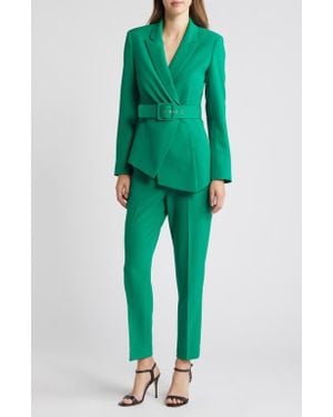 Tahari Peak Lapel Belted Blazer & Pants Set - Green