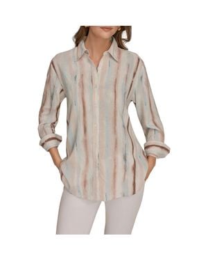 Donna Karan Long Sleeve Linen Blend Button-Up Shirt - Gray
