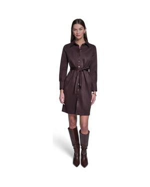 Halston Long Sleeve Suede Shirt Dress - Purple