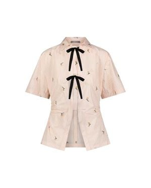 Lela Rose Embroidered Striped Cotton Bow Front Shirt - Multicolor