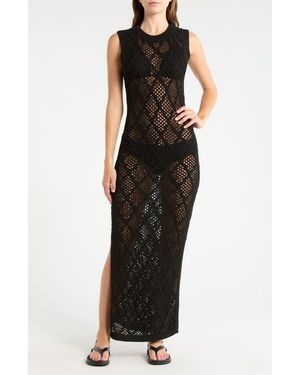 Elan Open Stitch Ruffle Hem Cover-Up Maxi Dress - Black
