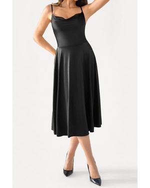 Popilush Shapewear Strappy Cowl Neck Vacation & Date Night Fit & Flare Midi Dress - Black