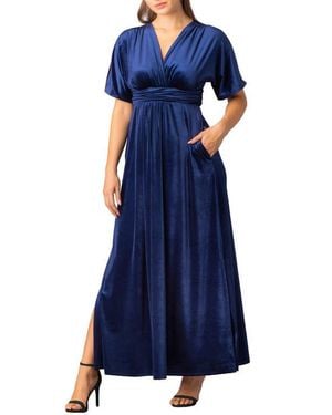 Kiyonna Verona V-Neck Velvet Evening Gown With Pockets - Blue